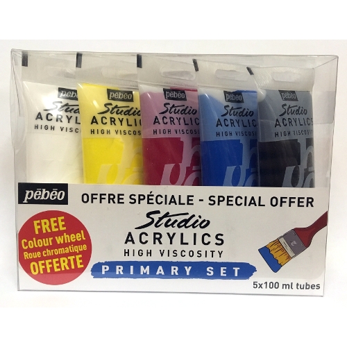 5 tubes of acrylic paint primary colors