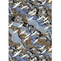 Papier Chiyogami 24C 19 1/2"x26"- Vagues bleues à motifs et oiseaux blancs