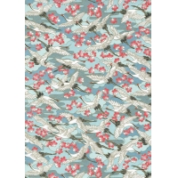 Chiyogami 1024C 19 1/2"x26"- White cranes on blue turquoise background and rose flowers