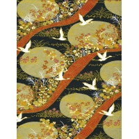 Papier Chiyogami 1077C 19 1/2"x26"- Noir et or, oiseaux et fleurs