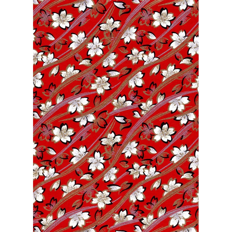 Chiyogami 647C 19 1/2"x26"- White flowers on red background