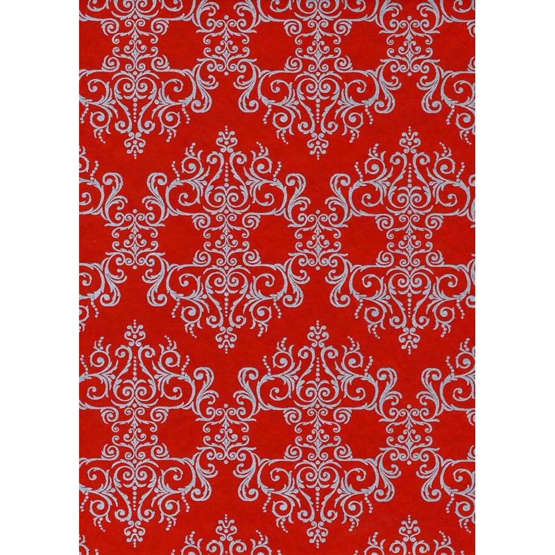 Chiyogami 827C 19 1/2"x26"- Silver baroque patterns on red background