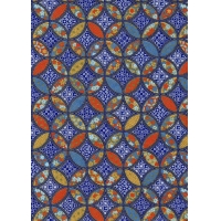 Papier Chiyogami 873C 19 1/2"x26"- Cercles fleuris bleus et oranges