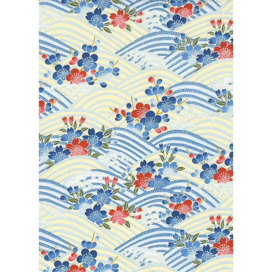 Chiyogami 1009C 19 1/2"x26"- Blue & Red flowers on blue & cream waves