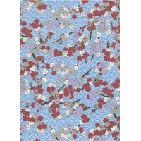 Papier Chiyogami 1049C 19 1/2"x26"- Fleurs roses et bourgogne sur fond bleu pâle