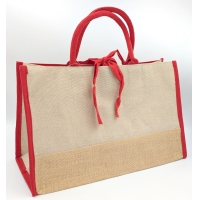 Burlap Tote bag medium rectangular cotton red accents