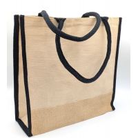 Burlap Tote bag Black square cotton accents